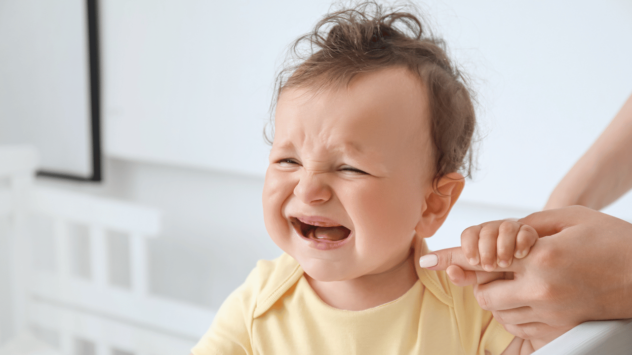 baby crying sitting in cot
